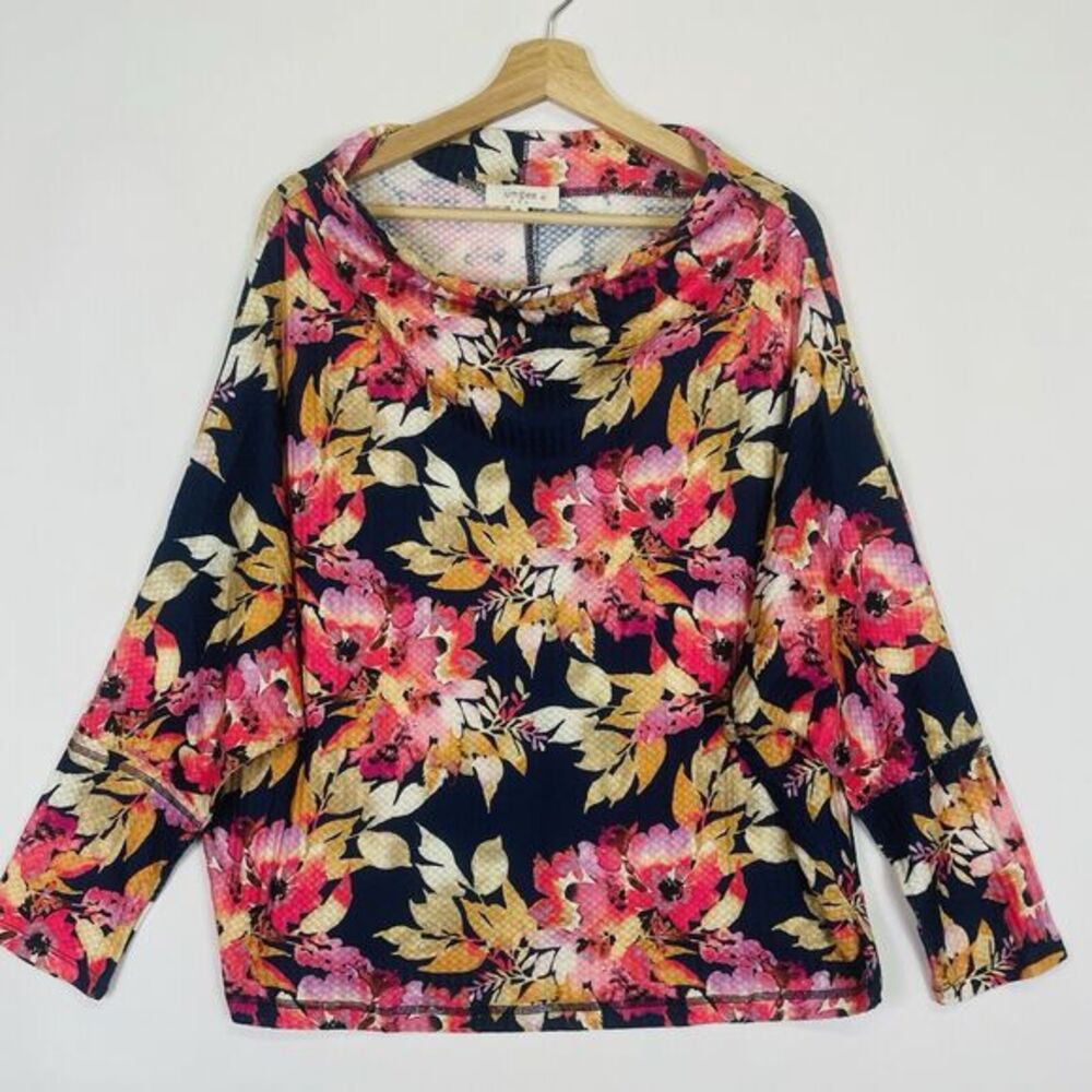 Umgee  Shirt Womens XL Blue Pink Floral Cottagecore Smocked Relaxed Top Blouse